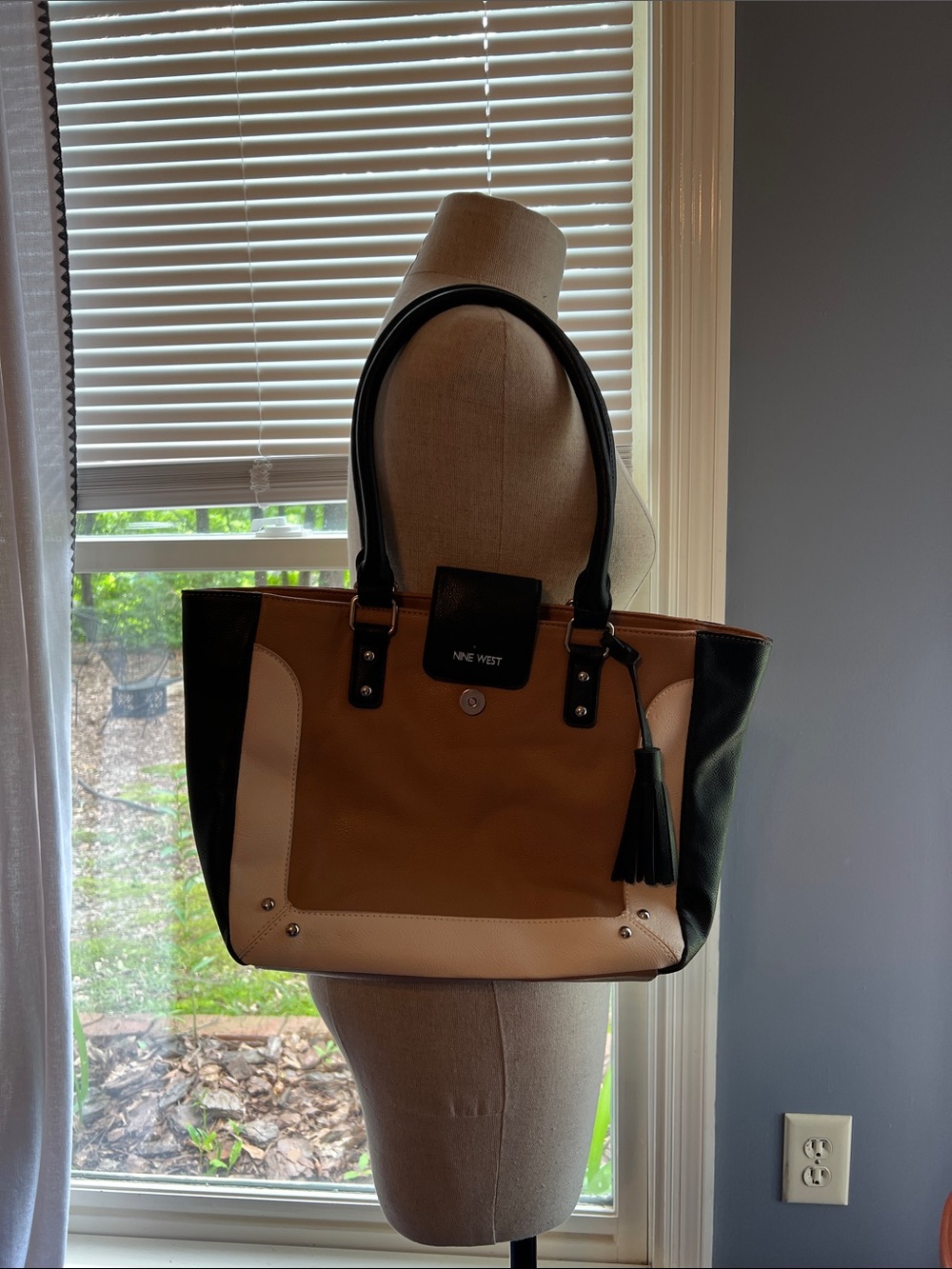 Nine West Tan Black Cream Colorblock Tote with Tassel